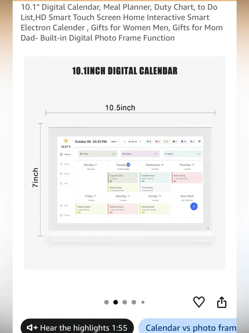 eCalendar 10.1” Smart Touch Screen Digital Calendar Frame - White, new in box
